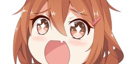 Rule 34 | + +, 10s, 1girl, brown eyes, brown hair, close-up, fang, ikazuchi (kancolle), kantai collection, looking at viewer, nahaki, no nose, open mouth, portrait, short hair, simple background, sin-poi, solo, sparkling eyes, symbol-shaped pupils, white background