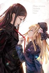 Rule 34 | 1boy, 1girl, absurdres, artist name, black coat, black hair, blonde hair, blue coat, blue eyes, coat, dated, dema hmw, eye contact, fate/grand order, fate (series), flower, glasses, gloves, hair between eyes, hair flower, hair ornament, has bad revision, has downscaled revision, hat, highres, long hair, looking at another, lord el-melloi ii, lord el-melloi ii case files, md5 mismatch, necktie, necktie grab, neckwear grab, reines el-melloi archisorte, resolution mismatch, source smaller, waver velvet, white gloves