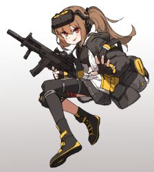Rule 34 | 1girl, amonitto, black pantyhose, blouse, blush, brown hair, commentary request, fingerless gloves, full body, girls&#039; frontline, gloves, h&amp;k ump, hair between eyes, jacket, knee pads, long hair, looking at viewer, mod3 (girls&#039; frontline), night-vision device, open clothes, open jacket, pantyhose, parted lips, pleated skirt, red eyes, shirt, single knee pad, skirt, solo, suppressor, twintails, ump9 (girls&#039; frontline), ump9 (mod3) (girls&#039; frontline), white shirt