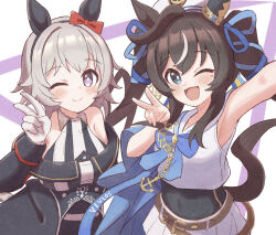Rule 34 | 2girls, ;), ;d, animal ears, arm up, armpits, beret, black hair, black jacket, blue bow, blue eyes, blue ribbon, blush, bow, breasts, closed mouth, collared dress, commentary request, covered collarbone, crop top, curren chan (umamusume), dress, ear bow, gloves, grey hair, hair ribbon, hat, horse ears, horse girl, horse tail, jacket, long hair, long sleeves, looking at viewer, medium breasts, multicolored hair, multiple girls, off-shoulder jacket, off shoulder, one eye closed, open mouth, pleated skirt, purple background, purple eyes, reaching, reaching towards viewer, red bow, ribbon, selfie, shirt, skirt, sleeveless, sleeveless dress, sleeveless shirt, smile, streaked hair, striped clothes, striped dress, sunanuko (ramuneko), tail, twintails, two-tone background, umamusume, vertical-striped clothes, vertical-striped dress, very long hair, vivlos (umamusume), white background, white gloves, white hair, white headwear, white shirt, white skirt