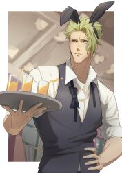 Rule 34 | 1boy, achilles (fate), animal ears, bartender, black bow, black bowtie, black vest, border, bow, bowtie, brown eyes, closed mouth, collared shirt, drink, fake animal ears, fate/grand order, fate (series), green hair, hand on own hip, haruakira, highres, holding, holding tray, looking to the side, male focus, muscular, muscular male, rabbit ears, shirt, short hair, tray, undone bowtie, vest, white border, white shirt