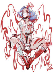 Rule 34 | + +, 1girl, bandages, blood, blood on clothes, blood on face, blood on hands, blood splatter, blue hair, breasts, cleavage, cross, eyepatch, eymbee, full body, gloves, hat, large breasts, leg wrap, long hair, looking at viewer, mask, mouth mask, nurse, nurse cap, ponytail, red cross, red eyes, short sleeves, signature, skullgirls, solo, surgical mask, symbol-only commentary, valentine (skullgirls), white background, white gloves