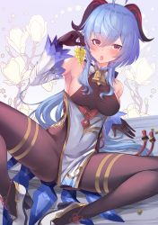 Rule 34 | 1girl, ahoge, arm support, armpits, bare shoulders, bell, black gloves, blue hair, blush, bodystocking, breasts, commission, covered navel, detached sleeves, floral background, flower, food, fruit, ganyu (genshin impact), genshin impact, gloves, grapes, high heels, holding, holding food, holding fruit, horns, leaning back, long hair, long sleeves, looking at viewer, low ponytail, medium breasts, open mouth, paid reward available, pixiv commission, red eyes, red ribbon, ribbon, shoes, sideboob, sidelocks, sitting, solo, spread legs, tassel, very long hair, white flower, white footwear, yoshiheihe