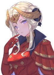 Rule 34 | 1girl, armor, bad id, bad twitter id, blonde hair, blue eyes, cape, crown, edelgard von hresvelg, fire emblem, fire emblem: three houses, gloves, hair ornament, horns, hoshido1214, jewelry, long hair, looking at viewer, nintendo, red cape, simple background, solo, white background