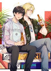 Rule 34 | 2boys, ash lynx, banana fish, bishounen, black pants, blonde hair, blush, bottle, brown eyes, brown hair, couple, crossed legs, denim, feet out of frame, green eyes, green shirt, hawaiian shirt, highres, holding, holding bottle, jacket, jeans, jewelry, looking at another, male focus, multiple boys, necklace, okumura eiji, open clothes, open jacket, open mouth, pants, plant, print shirt, see-through, see-through jacket, shirt, short hair, side-by-side, sitting, sitting on stairs, stairs, tipsy, unworn eyewear, vidave1, white shirt, yaoi