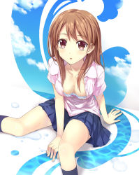 Rule 34 | 1girl, amagai tarou, black legwear, blue skirt, blush, bra, breasts, brown hair, cleavage, cloud, collared shirt, downblouse, highres, lingerie, long hair, looking at viewer, medium breasts, open clothes, open mouth, open shirt, original, red eyes, shirt, sitting, skirt, sky, solo, underwear