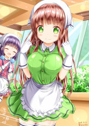 Rule 34 | 2girls, :d, ^ ^, apron, blend s, blush, breasts, brown hair, closed eyes, closed mouth, collared shirt, commentary request, company connection, cosplay, crossover, dated, dress shirt, frilled apron, frills, gloves, gochuumon wa usagi desu ka?, green eyes, green shirt, green skirt, hands up, head scarf, highres, indoors, large breasts, long hair, manga time kirara, multiple girls, open mouth, picture frame, pink shirt, pink skirt, pleated skirt, puffy short sleeves, puffy sleeves, purple hair, sakuranomiya maika, shirt, short sleeves, skirt, smile, sparkle, steepled fingers, stile uniform, twitter username, ujimatsu chiya, uniform, very long hair, waist apron, waitress, white apron, white gloves, window, xenon (for achieve)