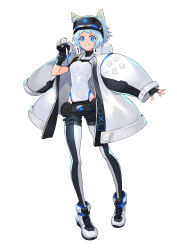 Rule 34 | 1girl, aqua hair, arm up, belt, black gloves, black shorts, black thighhighs, blue eyes, blue hair, bodysuit, breasts, collared jacket, commentary request, controller, dualsense, fingerless gloves, full body, game console, game controller, gloves, head-mounted display, highres, holding, holding controller, jacket, light blue hair, nakamura eight, navel, original, parted bangs, personification, playstation 5, playstation controller, playstation vr, product girl, short hair, shorts, sidelocks, simple background, small breasts, smile, solo, sony, standing, thighhighs, white background, white bodysuit, white jacket, white thighhighs, wide sleeves