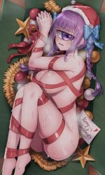 Rule 34 | 1girl, azen (mntimcczgrtn), blush, bound, bow, box, braid, breath, christmas ornaments, christmas star, cyclops, fang, hair bow, hat, highres, in box, in container, knees to chest, long hair, looking at viewer, merry christmas, monster girl, note, nude, one-eyed, open mouth, original, own hands together, purple eyes, purple hair, ribbon, ribbon bondage, santa hat, skindentation, solo, sweat, tearing up, tinsel, twin braids, v-shaped eyebrows