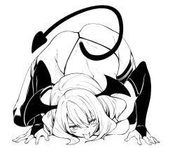 Rule 34 | 1girl, akino sora, all fours, bat wings, demon girl, demon tail, fingerless gloves, gloves, greyscale, head wings, highres, licking, licking floor, looking at viewer, monochrome, original, sidelocks, sketch, tail, thighhighs, thong, tongue, tongue out, top-down bottom-up, white background, wings