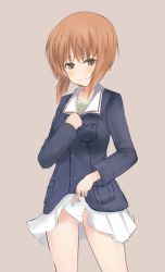 Rule 34 | 10s, 1girl, blue jacket, blush, bow, bow panties, brown background, brown eyes, brown hair, clothes lift, crotch seam, embarrassed, eve (kenzen), girls und panzer, green shirt, highres, jacket, long sleeves, looking at viewer, military, military uniform, miniskirt, nishizumi miho, panties, pleated skirt, shirt, short hair, skirt, skirt lift, solo, standing, underwear, uniform, white panties, white skirt
