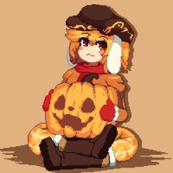 Rule 34 | 1girl, :3, black hat, blonde hair, cabbie hat, closed mouth, commentary, floppy ears, full body, hat, jack-o&#039;-lantern, looking at viewer, orange background, pixel art, red eyes, red scarf, ringo (touhou), rioku, scarf, short hair, simple background, sitting, smile, solo, symbol-only commentary, touhou