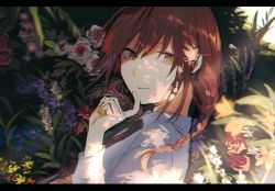 Rule 34 | 1girl, braid, chainsaw man, eyebrows hidden by hair, flower, hair between eyes, letterboxed, long hair, looking at viewer, makima (chainsaw man), moegi0926, necktie, red hair, shirt, smile, solo, upper body, yellow eyes