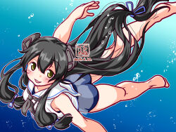 Rule 34 | 1girl, ass, black hair, blue one-piece swimsuit, blue ribbon, green eyes, grey neckerchief, headgear, i-47 (kancolle), kantai collection, kutone shirika, long hair, looking at viewer, low-tied long hair, neckerchief, one-piece swimsuit, ribbon, sailor collar, school swimsuit, smile, swimming, swimsuit, swimsuit under clothes, underwater, white neckerchief, white sailor collar