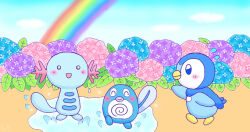 Rule 34 | blue sky, creatures (company), flower, game freak, gen 1 pokemon, gen 2 pokemon, gen 4 pokemon, hydrangea, nintendo, piplup, pokemon, poliwag, rainbow, sky, wooper