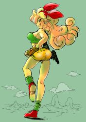Rule 34 | 1girl, bare arms, bare shoulders, blonde hair, blunt bangs, cloud, curly hair, dragon ball, earrings, female focus, fingerless gloves, from behind, full body, gloves, green eyes, green socks, green tank top, grin, gun, hair ribbon, hairband, highres, jewelry, long hair, looking at viewer, looking back, lunch (dragon ball), midriff, outdoors, red footwear, ribbon, short shorts, shorts, sky, smile, socks, solo, standing, standing on one leg, tank top, tetsuyo, weapon