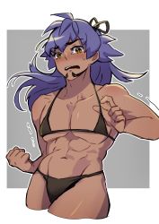Rule 34 | 1boy, abs, absurdres, bare arms, bikini, blush, brown bikini, clenched hand, collarbone, commentary request, creatures (company), crossdressing, dark-skinned male, dark skin, facial hair, floating hair, game freak, hair ribbon, highres, leon (pokemon), long hair, male focus, navel, nintendo, open mouth, outline, pectorals, pokemon, pokemon swsh, purple hair, ribbon, shiny skin, solo, sweatdrop, swimsuit, teeth, tongue, trembling, upper teeth only, yunoru