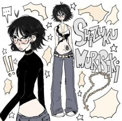 Rule 34 | belt, bikini, black eyes, black hair, black shirt, bug, crop top, cross, cross necklace, denim, earrings, fashion, glasses, graphite (medium), hunter x hunter, jeans, jewelry, necklace, non-web source, pants, picklegrl, shirt, shizuku murasaki, shoes, short hair, sneakers, speech bubble, spider, star (symbol), stomach, stomach tattoo, swimsuit, tattoo, thong bikini, traditional media