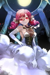 Rule 34 | 1girl, belt, breasts, cleavage, dress, drill hair, elbow gloves, flower, glasses, gloves, looking at viewer, lowres, macciatto (aciel02), moon, pink hair, red eyes, ribbon, smile, solo, sword girls, twin drills, twintails, vernika answer, white dress