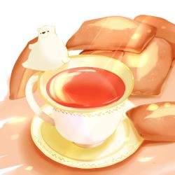 Rule 34 | animal, bear, cake, chai (drawingchisanne), commentary request, cup, dessert, food, food focus, holding, holding food, light rays, no humans, on food, original, polar bear, saucer, signature, sweets, tea, teacup, undersized animal, white background