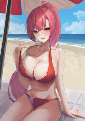 Rule 34 | 1girl, beach, beach umbrella, bikini, blue sky, breasts, cloud, day, haro art, heterochromia, high ponytail, highres, hololive, houshou marine, houshou marine (summer), large breasts, long hair, navel, ocean, official alternate costume, official alternate hairstyle, open mouth, outdoors, red eyes, red hair, sitting, sky, solo, stomach, swimsuit, thighs, umbrella, very long hair, virtual youtuber, yellow eyes