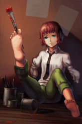 Rule 34 | 10s, 1girl, amputee, armless amputee, art brush, barefoot, between toes, double amputee, expressionless, feet, holding with feet, green eyes, katawa shoujo, no arms, paint, paintbrush, red hair, short hair, soles, solo, tezuka rin, toes, yukira0