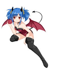 Rule 34 | 1girl, apple, black footwear, black thighhighs, blue hair, boots, breasts, choker, cle masahiro, cleavage, demon girl, demon horns, demon tail, demon wings, emma brandoll, food, fruit, full body, highres, holding, horns, leotard, looking at viewer, medium breasts, official art, red eyes, red leotard, simple background, solo, tail, thigh boots, thighhighs, twintails, valkyrie drive, valkyrie drive -siren-, white background, wings