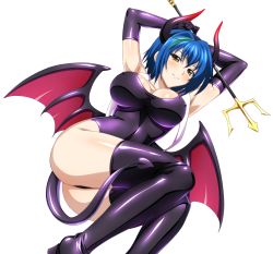Rule 34 | 10s, 1girl, arms up, ass, black gloves, black leotard, black thighhighs, blue hair, breasts, cleavage, covered erect nipples, demon horns, demon tail, demon wings, elbow gloves, gloves, green hair, high school dxd, highres, holding, holding weapon, horns, large breasts, leotard, looking at viewer, multicolored hair, shiny clothes, shiny skin, short hair, sleeveless, solo, tail, thighhighs, transparent background, two-tone hair, weapon, wings, xenovia quarta, yellow eyes