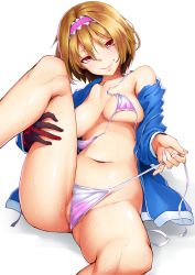 Rule 34 | 1girl, alice margatroid, alternate eye color, ass, bikini, bikini pull, blonde hair, blue jacket, breasts, clothes pull, collarbone, commentary request, feet out of frame, gloves, hair between eyes, hairband, head tilt, highres, hood, hooded jacket, jacket, knee up, long sleeves, looking at viewer, medium breasts, navel, open clothes, open jacket, pink bikini, pink eyes, pink hairband, pulling own clothes, red gloves, shadow, short hair, simple background, single glove, sitting, smile, solo, stomach, swimsuit, sy4, thighs, touhou, untied bikini, white background