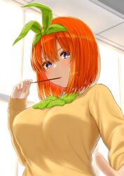Rule 34 | 1girl, :t, blue eyes, blunt bangs, blush, bow, breasts, closed mouth, colored eyelashes, commentary, fingernails, food, food in mouth, frown, go-toubun no hanayome, green bow, green hairband, green ribbon, hair between eyes, hairband, hand up, highres, holding, holding food, indoors, jacket, large breasts, looking at viewer, medium hair, nakano yotsuba, orange hair, pocky, pocky in mouth, ribbon, shiraito, sleeves past wrists, solo, straight hair, upper body, v-shaped eyebrows, window, yellow jacket