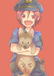 Rule 34 | 10s, 1boy, aged down, child, dog, fangs, free!, future fish, hat, male focus, matsuoka rin, memeo (candy house), open mouth, police, police hat, police uniform, puppy, red eyes, red hair, short hair, smile, solo, uniform