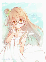 Rule 34 | 10s, 1girl, adjusting eyewear, bespectacled, blush, bow, brown eyes, brown hair, character name, dress, earrings, glasses, green bow, hair bow, hand on eyewear, jewelry, long hair, looking at viewer, love live!, love live! school idol project, minami kotori, necklace, one side up, polka dot, polka dot bow, sakuramochi n, smile, solo, twitter username, white dress
