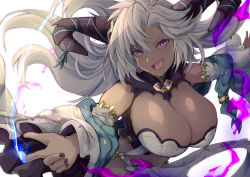 Rule 34 | 1girl, bare shoulders, black horns, blush, breasts, cleavage, dark-skinned female, dark skin, dragon horns, fangs, fediel (granblue fantasy), granblue fantasy, horns, large breasts, long hair, looking at viewer, nail polish, open mouth, purple eyes, silver hair, smile, solo, yude