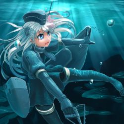 Rule 34 | 1girl, abazu-red, blonde hair, blue eyes, cosplay, cropped jacket, garrison cap, gloves, hat, highres, kantai collection, long hair, military, military uniform, ro-500 (kancolle), solo, submarine, u-511 (kancolle), u-511 (kancolle) (cosplay), underwater, uniform, watercraft