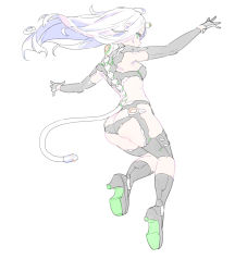 Rule 34 | 1girl, ass, black footwear, black gloves, boots, breasts, butt crack, cable, cable tail, enkyo yuuichirou, from behind, full body, gloves, green eyes, high heel boots, high heels, highres, horns, jumping, long hair, looking at viewer, looking back, mechanical tail, medium breasts, original, pink hair, simple background, solo, tail, white background