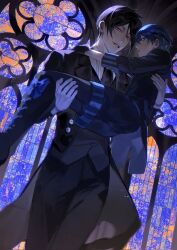 2boys bishounen black_hair black_necktie black_pants black_suit blue_eyes blue_footwear blue_hair blue_jacket blue_shorts boots buttons carrying carrying_person ciel_phantomhive dark_blue_hair formal_clothes from_below gloves glowing glowing_eyes height_difference highres jacket kuroshitsuji looking_at_viewer lurline38996 male_focus multiple_boys necktie pale_skin pants parted_lips red_hair sebastian_michaelis short_hair shorts suit tuxedo_shirt white_gloves window