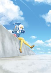 Rule 34 | 1girl, bag, bird wings, blonde hair, blue sky, brown footwear, cellphone, cloud, commentary request, common gull (kemono friends), contrail, day, head wings, highres, kemono friends, long hair, long sleeves, looking at viewer, multicolored hair, outdoors, phone, shoes, sitting, sky, smartphone, smile, solo, stylecase, thighhighs, two-tone hair, white hair, wings, yellow eyes, yellow thighhighs
