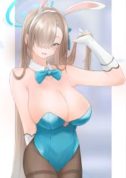 Rule 34 | 1girl, absurdres, animal ears, asuna (blue archive), asuna (bunny) (blue archive), bare shoulders, blue archive, blue eyes, blue leotard, blush, breasts, brown pantyhose, chankuro, cleavage, detached collar, elbow gloves, fake animal ears, gloves, hair over one eye, halo, highleg, highleg leotard, highres, large breasts, leotard, light brown hair, long hair, looking at viewer, mole, mole on breast, open mouth, pantyhose, playboy bunny, rabbit ears, smile, solo, thighs, very long hair, white gloves