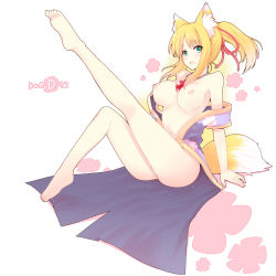 Rule 34 | 10s, 1girl, absurdres, animal ears, bare shoulders, barefoot, blonde hair, breasts, dog days, fang, fox ears, fox tail, green eyes, highres, jewelry, kamoto tatsuya, large breasts, leg up, long legs, nipples, no panties, open mouth, pendant, ponytail, solo, tail, yukikaze panettone