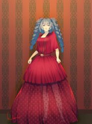 Rule 34 | 1girl, absurdres, artist name, blue eyes, blue hair, braid, breasts, commentary request, dress, highres, indoors, kazamidori haruka, long dress, long hair, looking at viewer, medium breasts, red dress, red footwear, see-through, see-through dress, shoes, smile, solo, tokyo ghoul, twin braids, twintails, yonebayashi saiko
