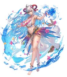 Rule 34 | 1girl, anklet, bare shoulders, barefoot, bikini, blue hair, breasts, fire emblem, fire emblem heroes, freyja (fire emblem), full body, highres, horns, jewelry, large breasts, long hair, multicolored hair, nintendo, official art, pelvic curtain, red eyes, silver hair, solo, swimsuit, transparent background, water drop, yoshiku (oden-usagi)