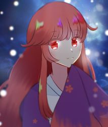 Rule 34 | 1girl, blue background, commentary request, esist hourai, eyes visible through hair, highres, japanese clothes, kimono, kotohime (touhou), long hair, purple kimono, red eyes, red hair, sidelocks, sleeves past fingers, sleeves past wrists, smile, touhou, touhou (pc-98), very long hair, wide sleeves