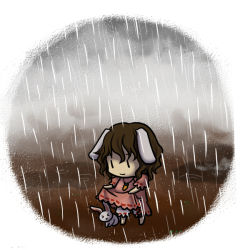 Rule 34 | &gt; &lt;, 1girl, :x, animal ears, brown hair, chibi, closed eyes, clothes lift, female focus, inaba tewi, puddle, rabbit, rabbit ears, rain, short hair, simple background, skirt, skirt lift, socha, solo, touhou, trembling, | |