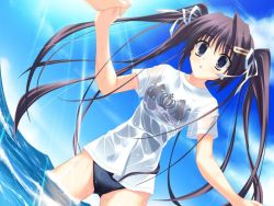 Rule 34 | 1girl, black eyes, black hair, clear (visual novel), dutch angle, game cg, hair ribbon, long hair, mitha, no pants, non-web source, okamoto nonoka, one-piece swimsuit, ribbon, school swimsuit, see-through, shirt, solo, submerged, swimsuit, swimsuit under clothes, twintails, wading, water, wet, wet clothes, wet shirt
