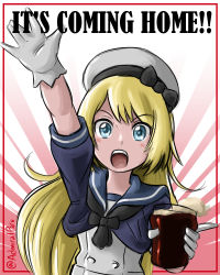 Rule 34 | 1girl, 2018 fifa world cup, admiral paru, blonde hair, blue eyes, blue sailor collar, cup, dress, drinking glass, english text, gloves, hat, highres, jar, jervis (kancolle), kantai collection, long hair, looking at viewer, open mouth, poster (medium), sailor collar, sailor dress, sailor hat, short sleeves, soccer, solo, twitter username, waving, white dress, white gloves, white hat, world cup