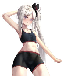 Rule 34 | 1girl, 3:, alternate costume, arm behind head, armpits, blue archive, collarbone, commentary request, eyes visible through hair, grey eyes, grey hair, hair ornament, hair scrunchie, highres, long hair, looking at viewer, mutsuki (blue archive), navel, parted bangs, rable, scrunchie, side ponytail, sidelocks, simple background, sleeveless, solo, sportswear, stomach, white background