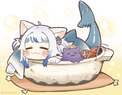 Rule 34 | 1girl, :3, = =, ahoge, animal ears, blue hair, blunt bangs, blush stickers, cat ears, chibi, closed eyes, commentary, fins, fish tail, gawr gura, hair ornament, hairclip, halo, highres, hololive, hololive english, hotpot, in container, long sleeves, multicolored hair, mushroom, pot, same anko, shark tail, shiitake, shrimp, simple background, smile, streaked hair, symbol-only commentary, tail, takodachi (ninomae ina&#039;nis), twitter username, two side up, virtual youtuber, white background, white hair, wide sleeves