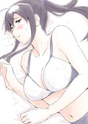 Rule 34 | 1girl, black hair, blush, bra, breasts, brown eyes, collarbone, highres, kantai collection, large breasts, long hair, lying, navel, nose blush, on side, solo, underwear, underwear only, upper body, vent arbre, white bra, yahagi (kancolle)