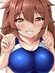 Rule 34 | 1girl, blue one-piece swimsuit, blush, breasts, brown hair, cleavage, collarbone, competition swimsuit, hair between eyes, hair flaps, hairband, hand up, highres, kantai collection, large breasts, long hair, looking at viewer, montemasa, one-piece swimsuit, red hairband, shiratsuyu (kancolle), shiratsuyu kai ni (kancolle), smile, solo, swimsuit, twitter username, two-tone swimsuit, white background