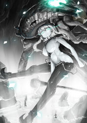 Rule 34 | 10s, 1girl, absurdres, abyssal ship, aqua eyes, bad id, bad pixiv id, bodysuit, breasts, cape, glowing, glowing eyes, highres, kantai collection, kappipe (brd0520), large breasts, silver hair, solo, staff, wo-class aircraft carrier